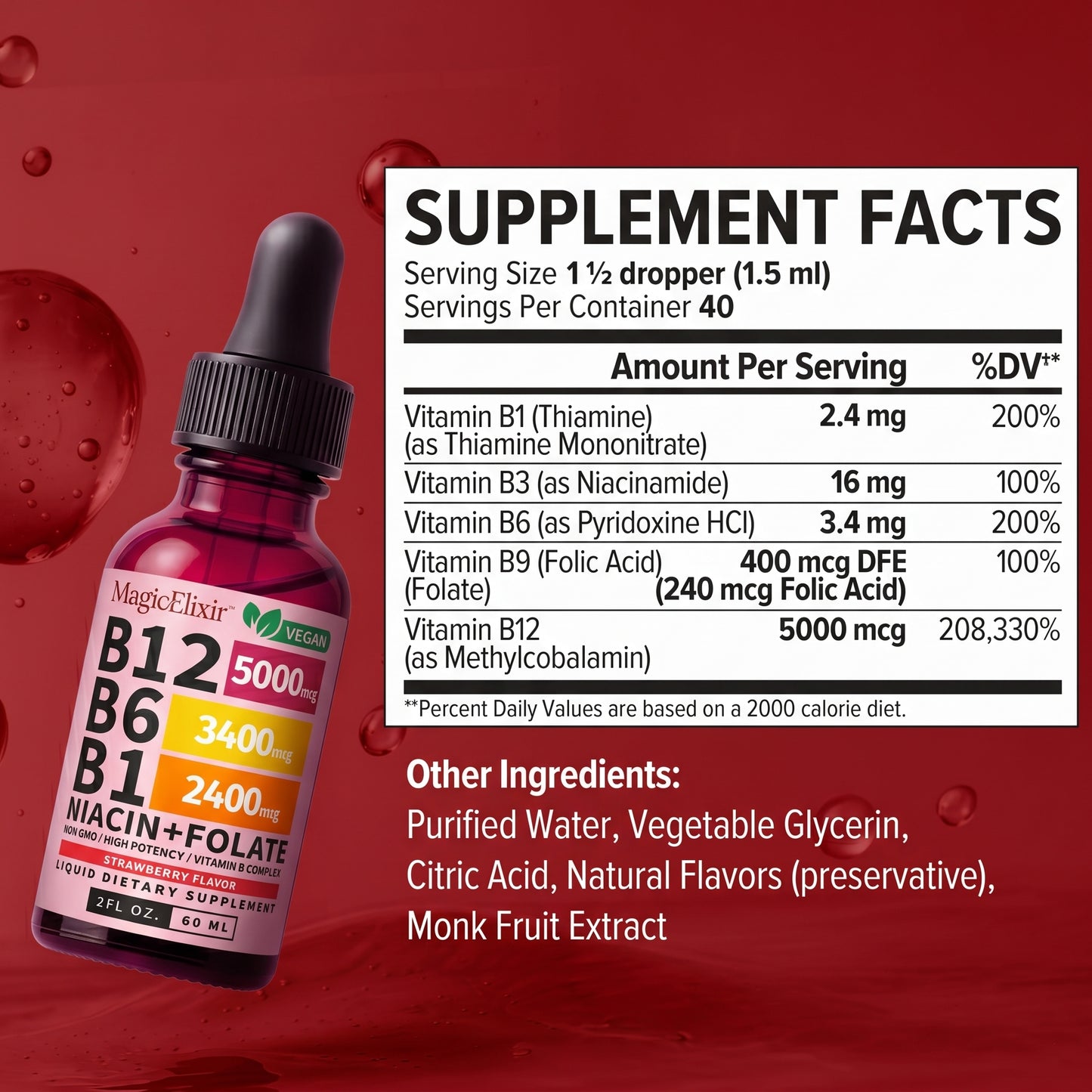 MagicElixir™ Vitamin B12 Liquid Supplement Drops with B6, B1, Niacin & Folate
